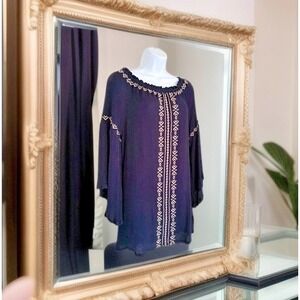 Indigo Soul Popover Tunic Top S Navy Blue Embroidered Details Butterfly Sleeve